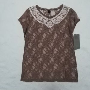 Brown lace blouse tee "Awake by OS" sz XL NWT